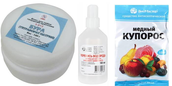 Borax, peroxid a síran meďnatý