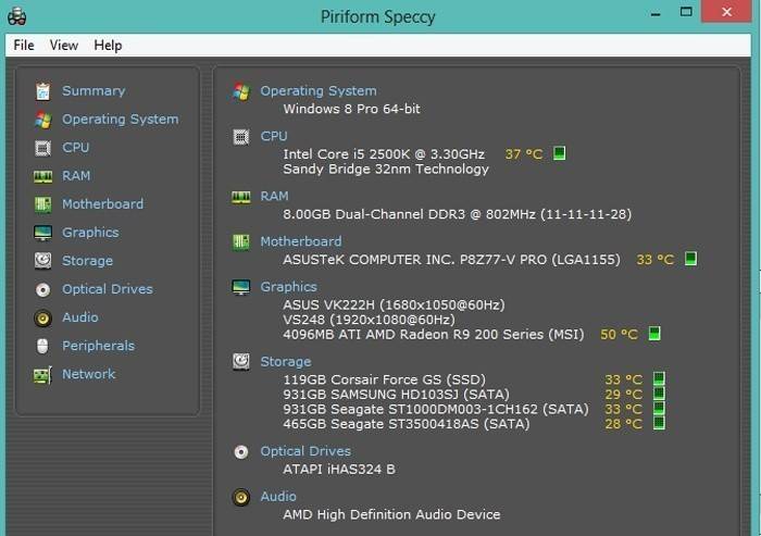 Okno programu Speccy