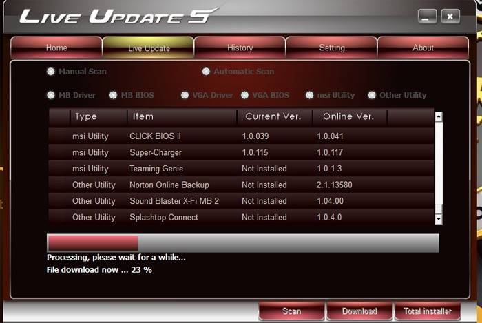 Okno MSI Live Update 5