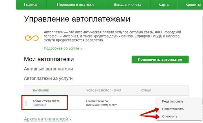 Página de gestión del servicio en línea de Sberbank