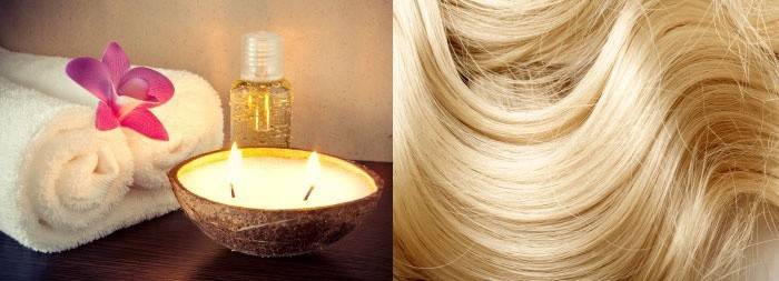 Cabello rubio, toallas, velas y aceite