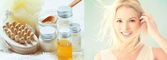 Chica con cabello fino y productos para el cuidado.