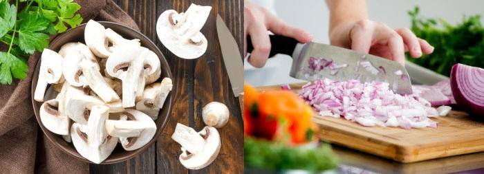 Rebanar cebollas y champiñones