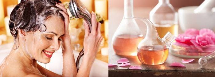Tintura de aceite y una mujer que se lava la cabeza