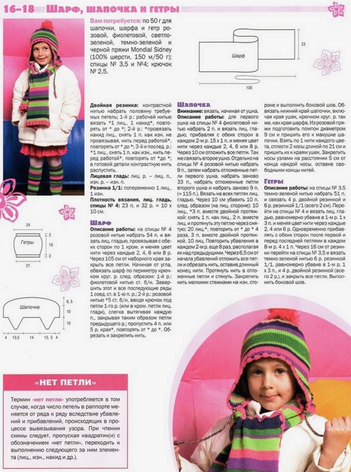 Patrón de punto para sombreros, bufanda y polainas con agujas de tejer para niña