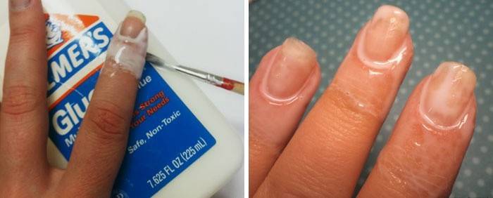 Protección de la piel periungueal con pegamento PVA durante la manicura.