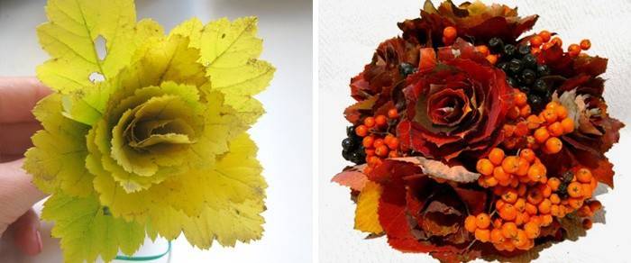 Ikebana de folhas de outono e cinza de montanha