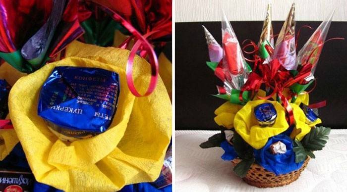 Ramo confeccionado con dulces en una canasta