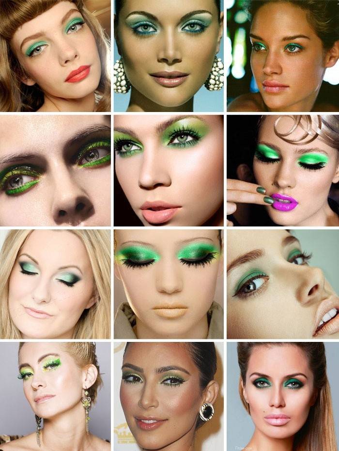La presencia de sombras de ojos verdes en el maquillaje.