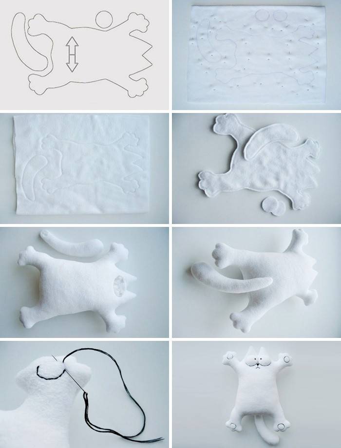 Patrón y almohadas de costura en forma de gato.
