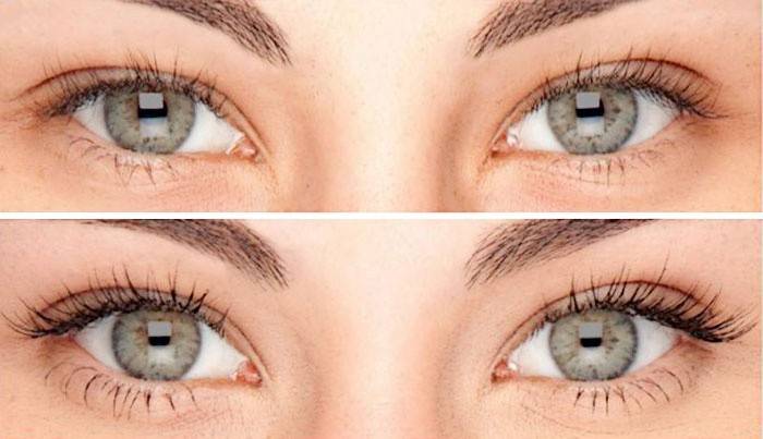 Pestanas antes e depois de aplicar óleos cosméticos