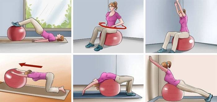 Um conjunto de exercícios com um fitball para as costas