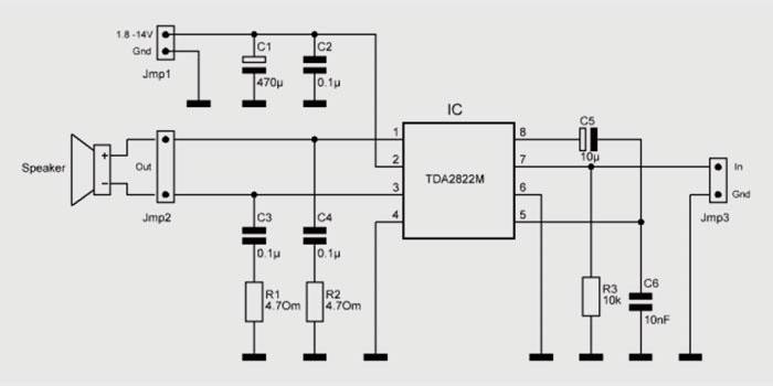Schemat montażu dla TDA 2822