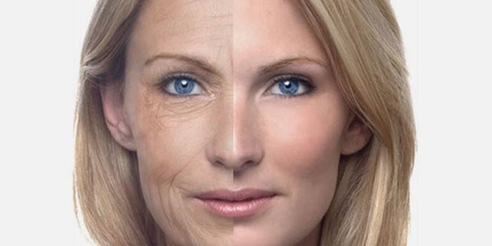 Mujer con arrugas y sin ellas