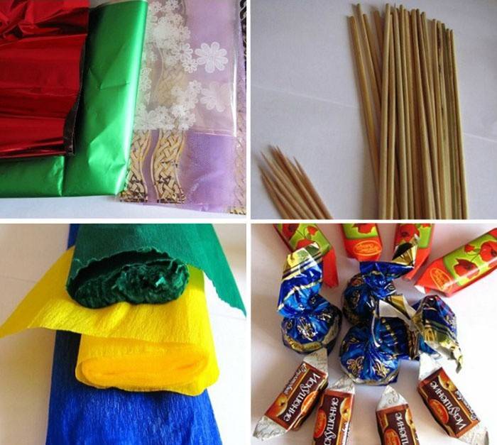 Atributos para un ramo con dulces en una canasta