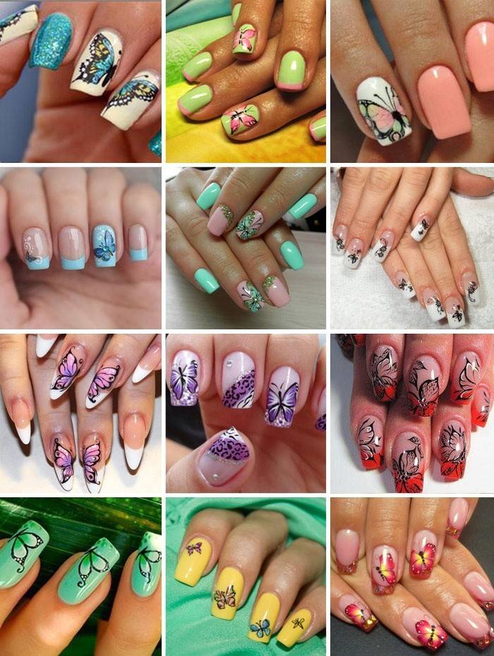 Manicure z motylami malowanymi na paznokciach