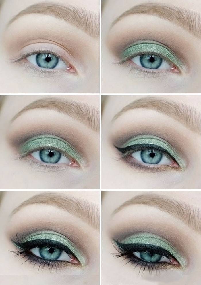 Maquillaje verde oliva para ojos brillantes.