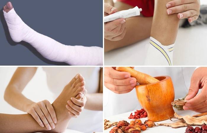 Massagem, remédios populares, perna enfaixada