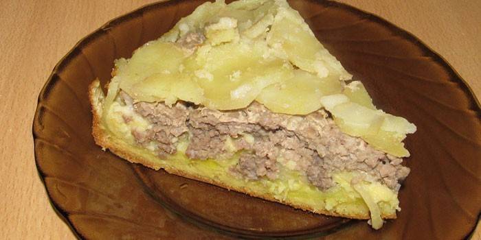 Pastel de gelatina relleno de pollo picado y papas