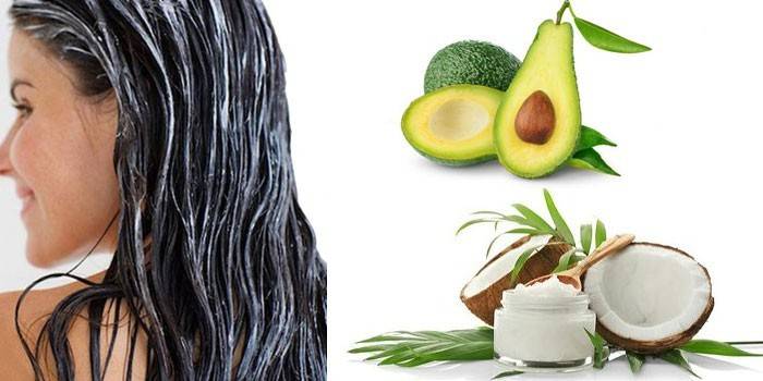 Máscara no cabelo de uma menina, abacate e óleo de coco