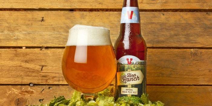 Indian pale ale en un vaso y una botella