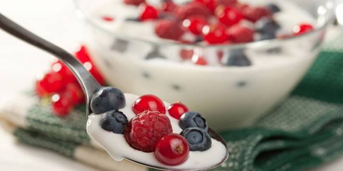 Jogurt s čerstvými bobuľami v lyžičke a miske