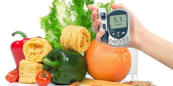 Medidor de glucosa en sangre y alimentos con un nivel normal de azúcar en sangre.