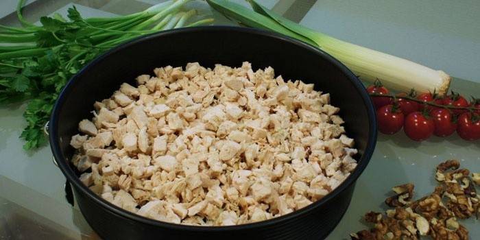 Camada de pedaços de frango em uma tigela