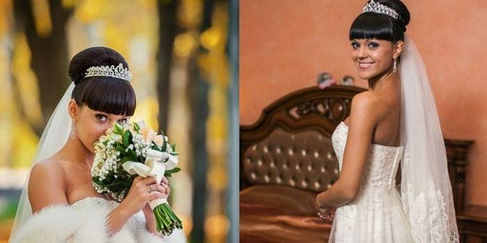 Foto, de, um, menina, com, um, penteado, feixe alto, com, um, diadema