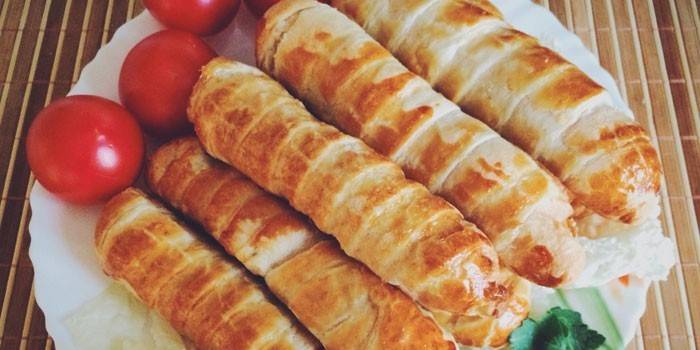 Salchichas preparadas envueltas en hojaldre en un plato