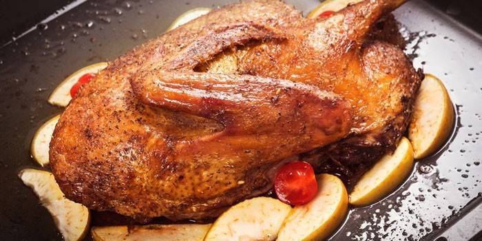 Pato assado com fatias de maçãs em uma assadeira
