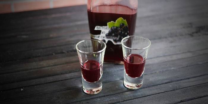 Tintura de grosella en una botella y vasos