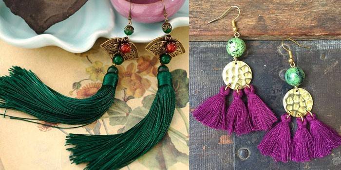 Dos modelos de pendientes de moda con borlas.