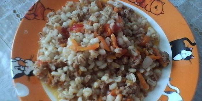 Mingau de cevada com carne picada e legumes