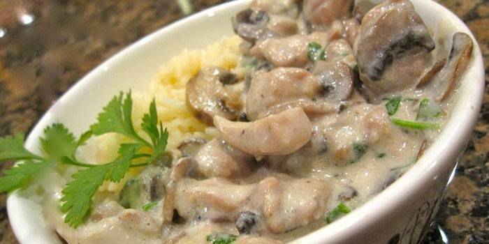 Frango de strogonoff de carne com champignons em um molho cremoso com purê de batatas