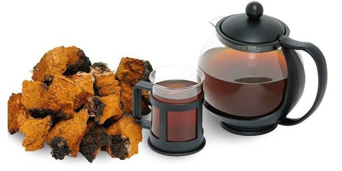 Infusão de chaga com uma xícara e bule de chá