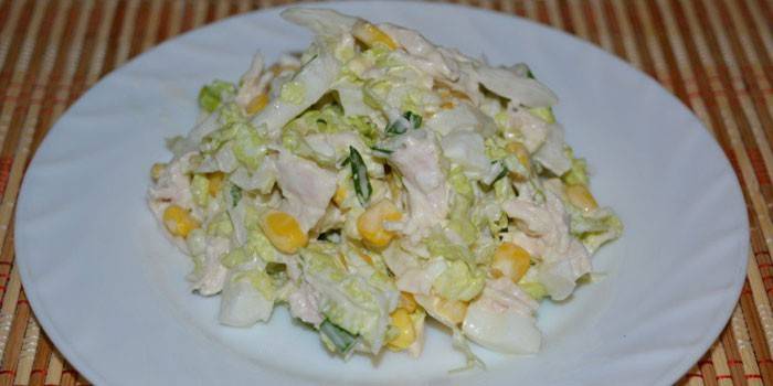 Pechuga de pollo hervida, col de Pekín y ensalada de maíz