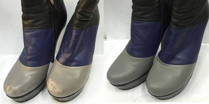 Botas antes y después del tratamiento líquido de la piel.