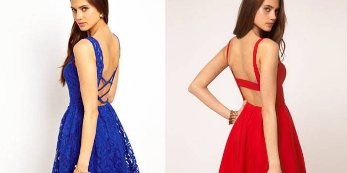 Cor vermelha e azul no modelo com um decote