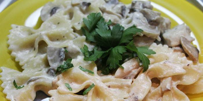 Farfalle com cogumelos e frango ao molho
