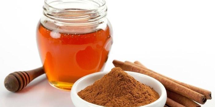 Mel em uma jarra, canela em pó e varas