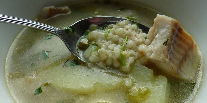 Sopa de cevada de pérola em caldo de peixe