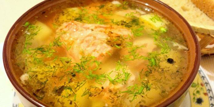 Sopa de peixe truta com painço em um prato