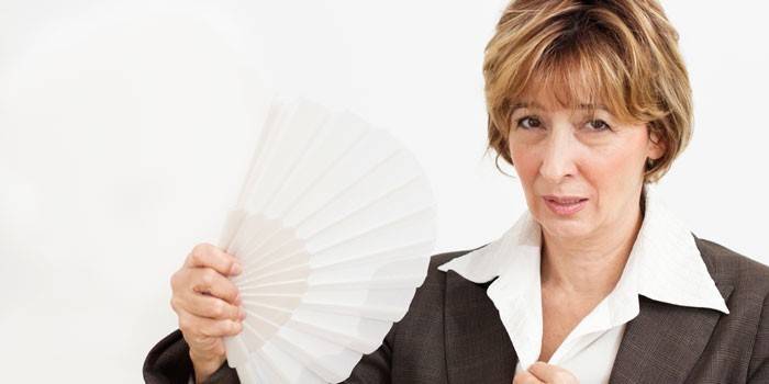 Mulher, com, um, ventilador