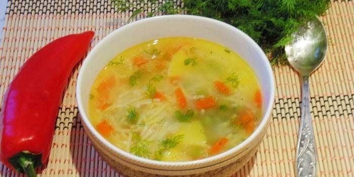 Sopa de pollo con fideos
