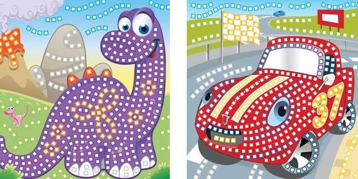 Vzorky figúr z mozaiky Funnivation Dinosaur a Funnivation Car