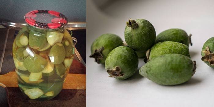 Feijoa compota em uma jarra e frutas