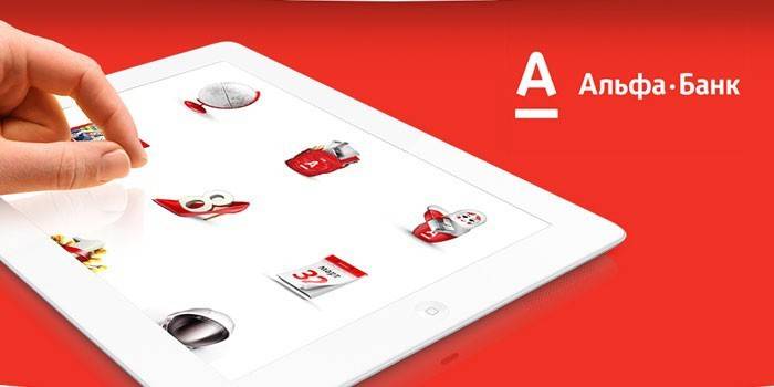 Tablet a nápis Alfa Bank