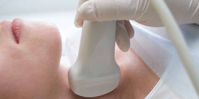 El médico realiza un ultrasonido de la glándula tiroides.