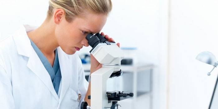 Paramédico olha através de um microscópio